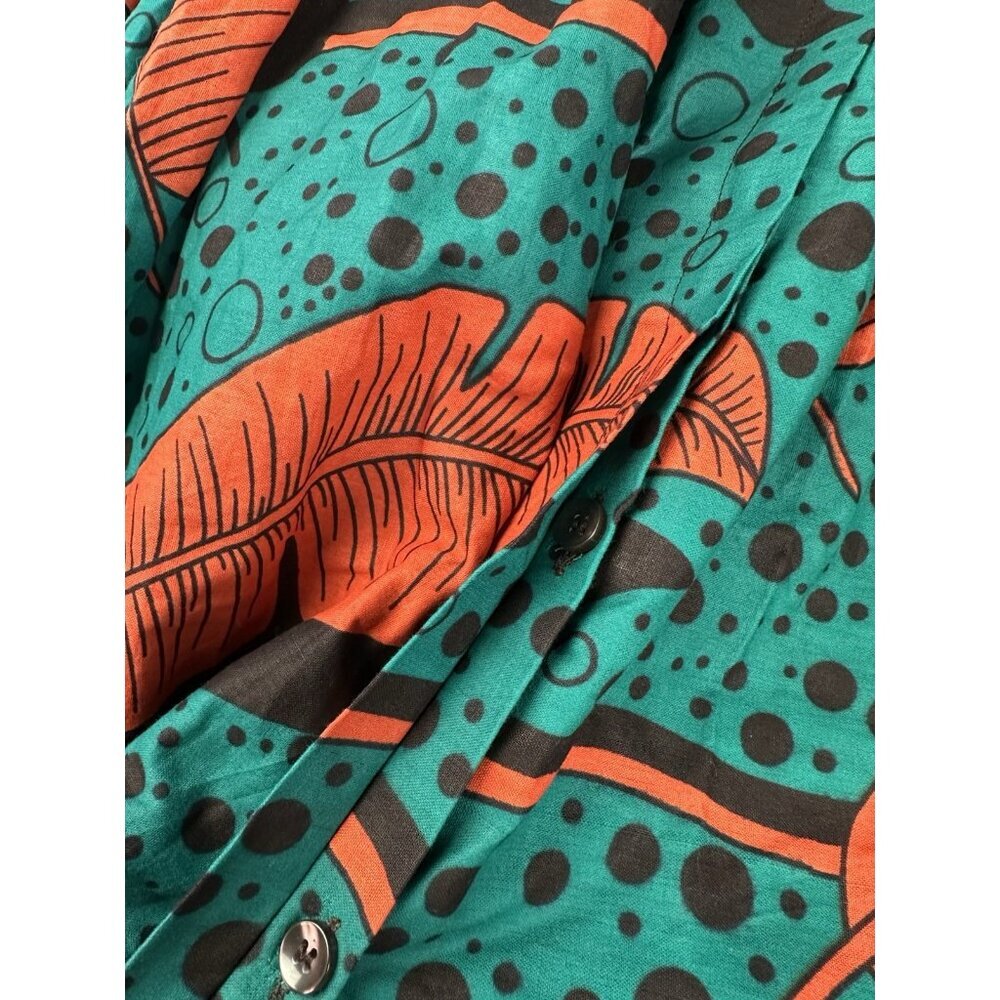 SIKA Ghana Handmade Cotton Maxi Dress Teal Orange Banana Leaf Print Size 4 - Picture 7 of 16